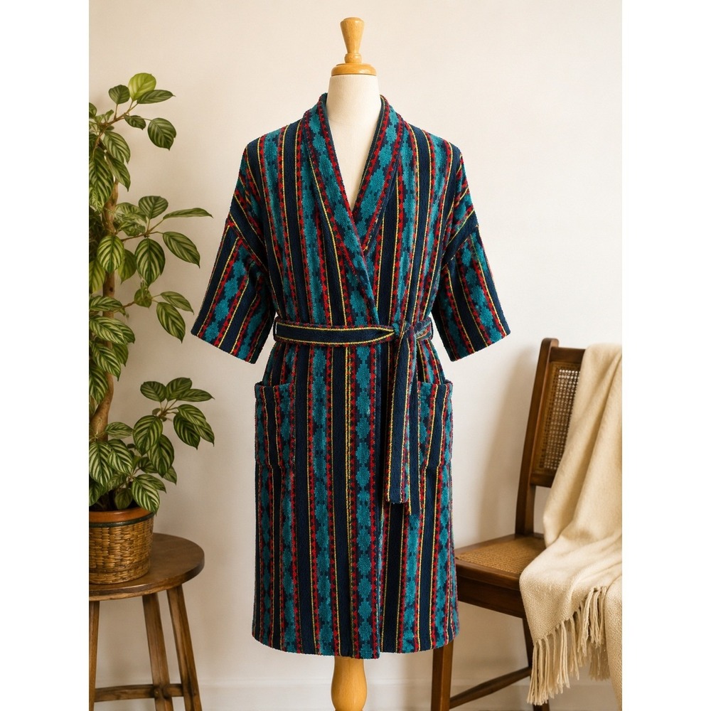 Vtg 90s Dad Geometric Terry Cloth Bathrobe Oversized Shawl Collar Belted Robe
